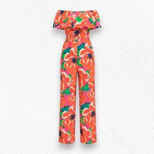 Trina Turk Orange Multicolor Off-Shoulder Floral Wide-Leg Jumpsuit Size Medium